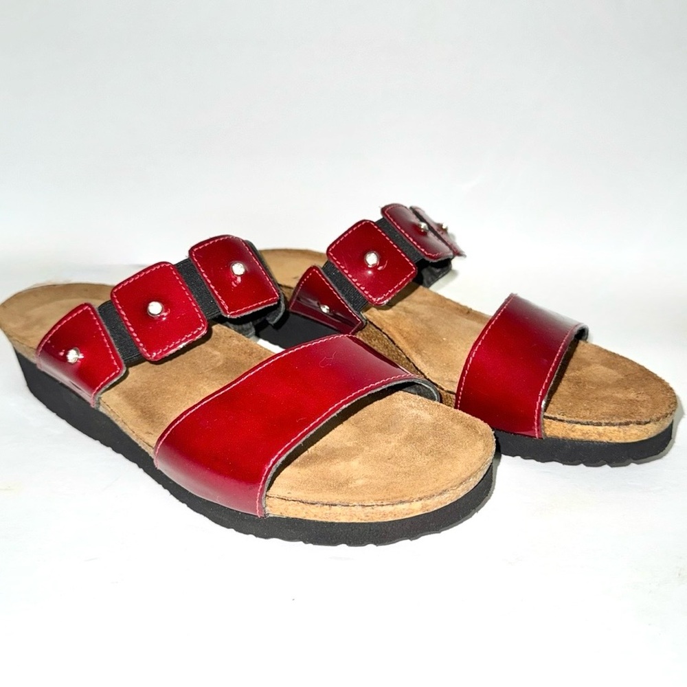 Naot “Ashley” Red Patent Low Platform Wedge Rhinestone Sandals, Sz 10 (read)